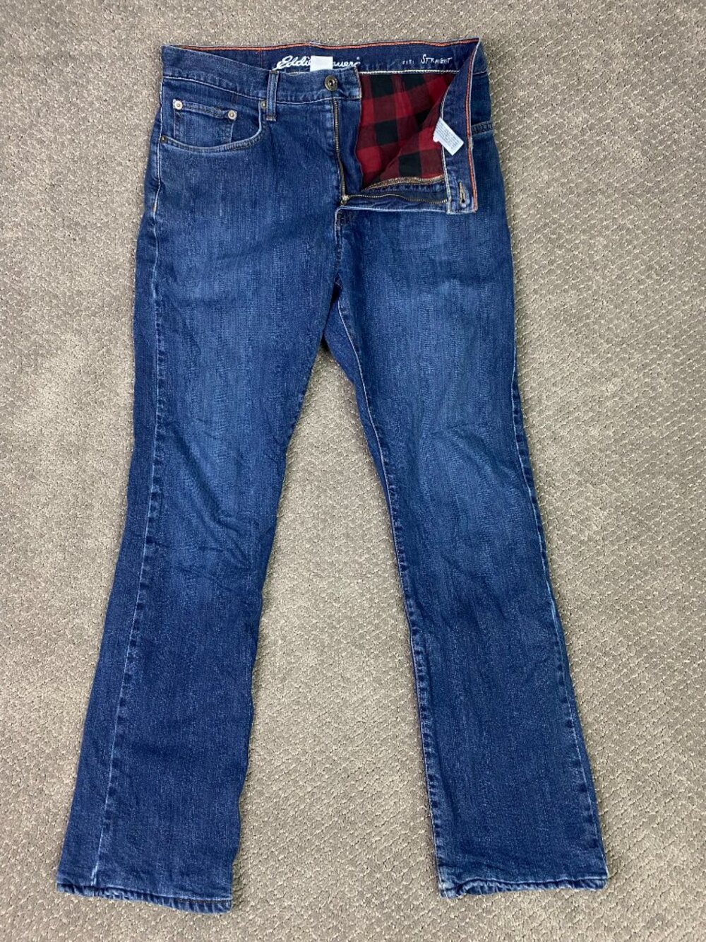 Eddie Bauer Flannel Lined Jeans Mens 32x32 Straight Fit Blue Buffalo Plaid